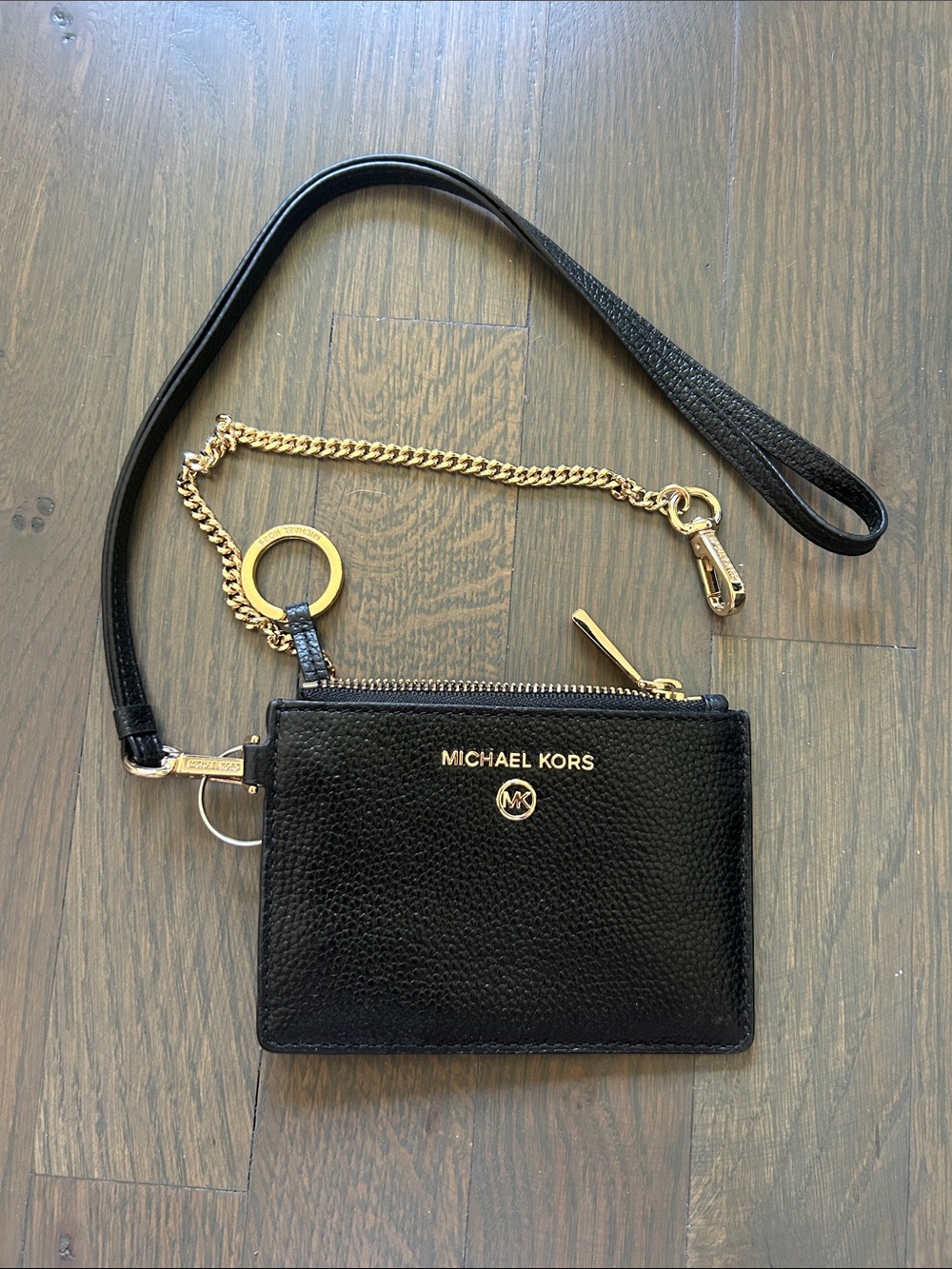 Michael Kors Black Pebbled Leather Zip Card Wallet with Gold Chain Wristlet